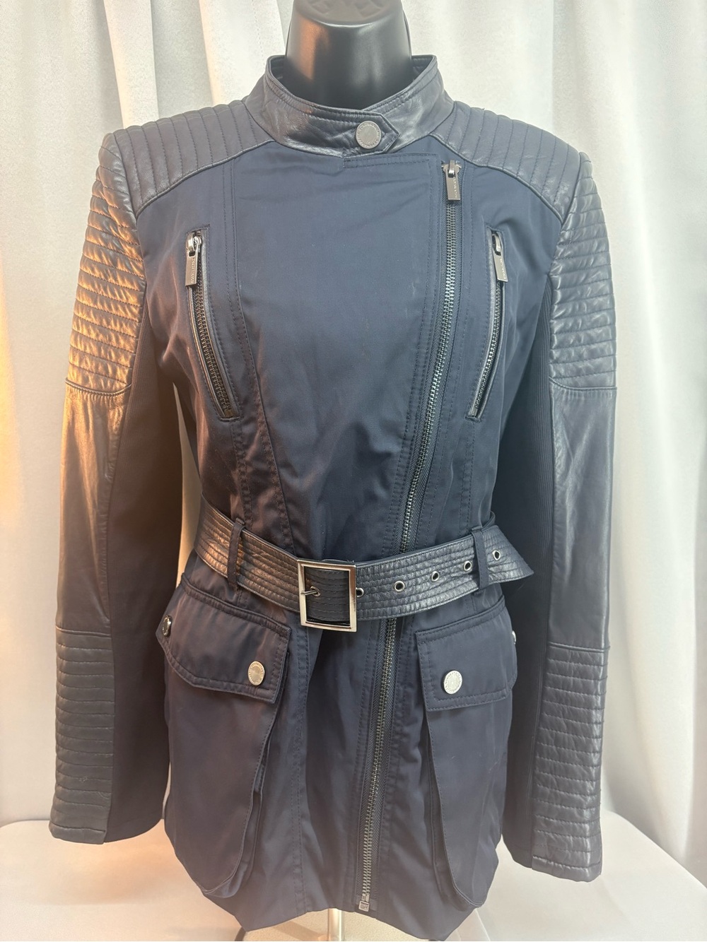 BCBGMaxAzria quilted leather-panel moto jacket Small